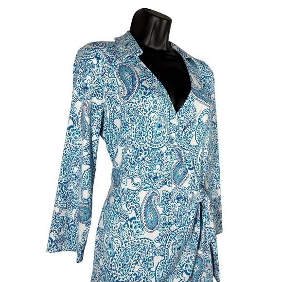 Talbots Paisley Print Wrap Shift Dress 3/4 Sleeve Midi Skirt Blue White - M - Picture 4 of 9